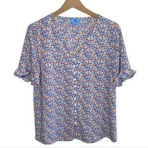 Cece | Red Yellow Blue White Ditsy Floral Short Ruffle Sleeve Blouse Size Small